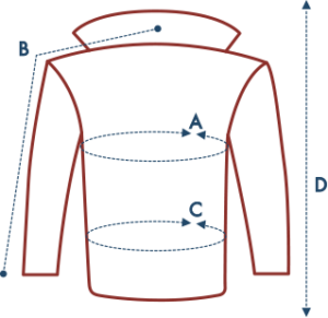 Jacket sizing guide diagram with measurements.