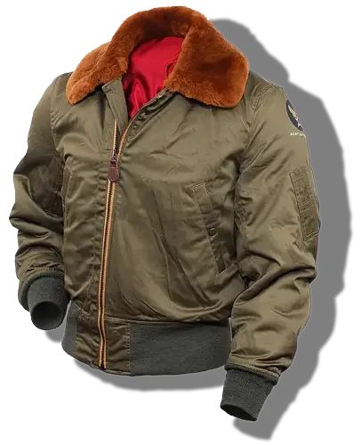 Olive bomber jacket with orange collar.