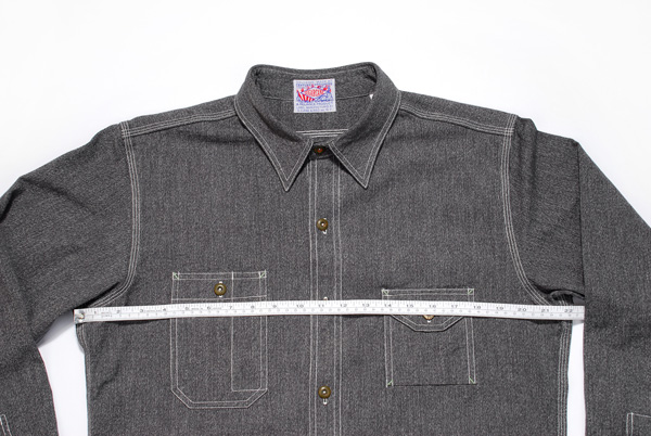 Gray denim shirt with measuring tape